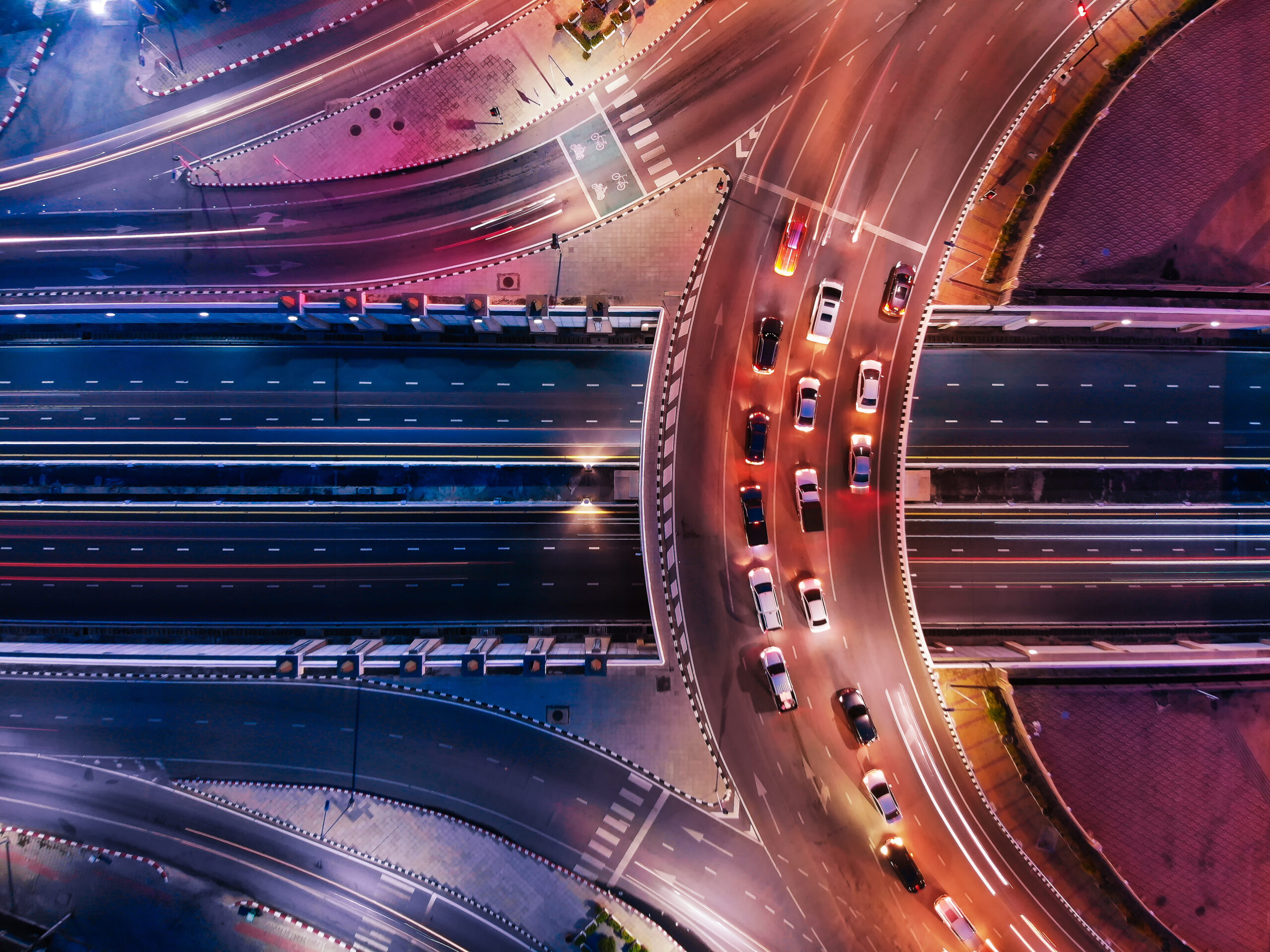 Aerial view/Circle roads and traffic at night